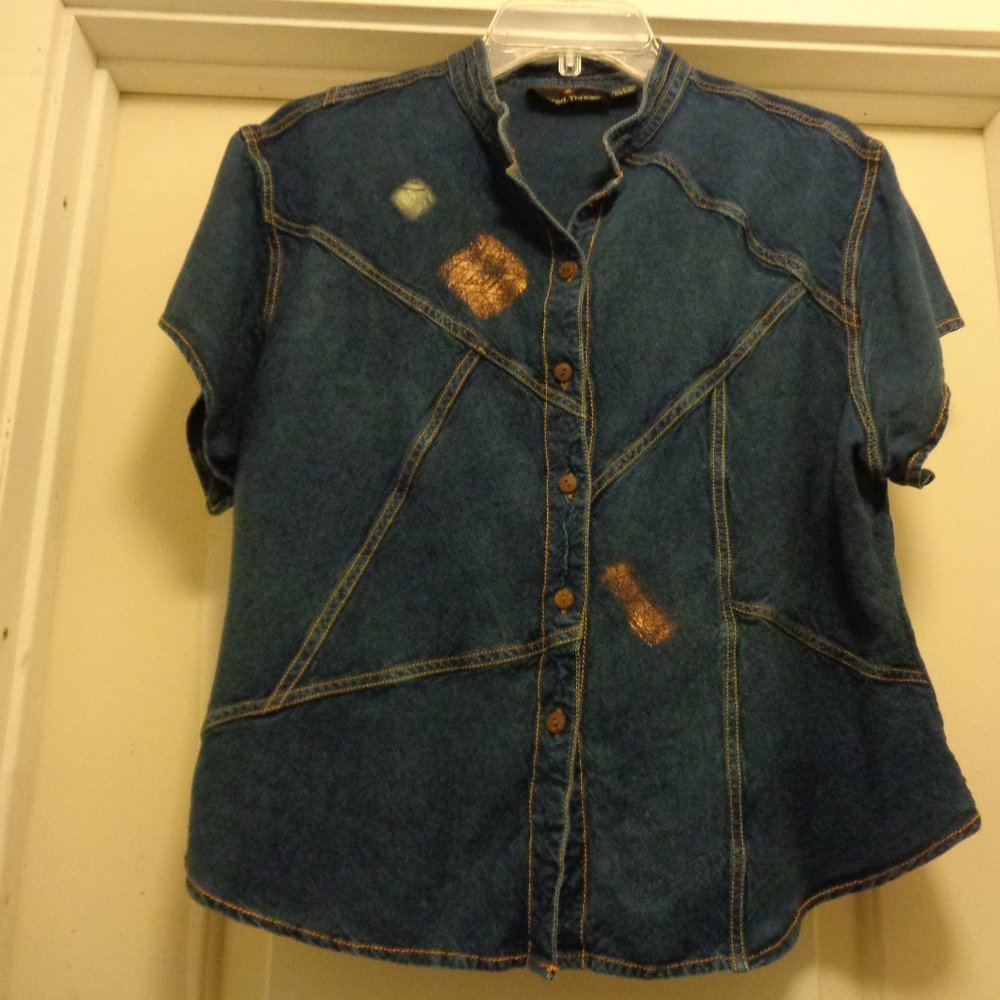 TRENDING COWGIRL SACRED THREADS DENIM LOOK FEATHERS BLOUSE M TO L